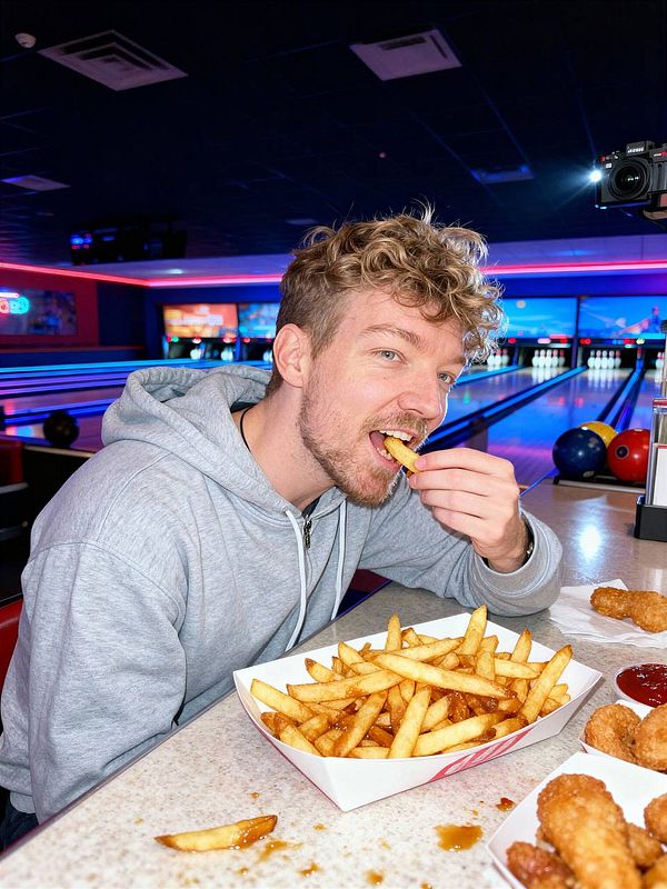 A young man enjoys a plate of fries while sitting at a bowling alley.