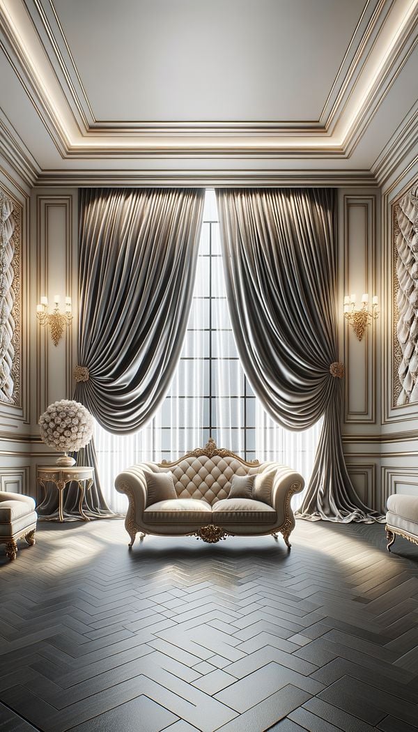 A luxurious living room featuring silk draperies cascading down large windows, with a silk upholstered sofa in the forefront.
