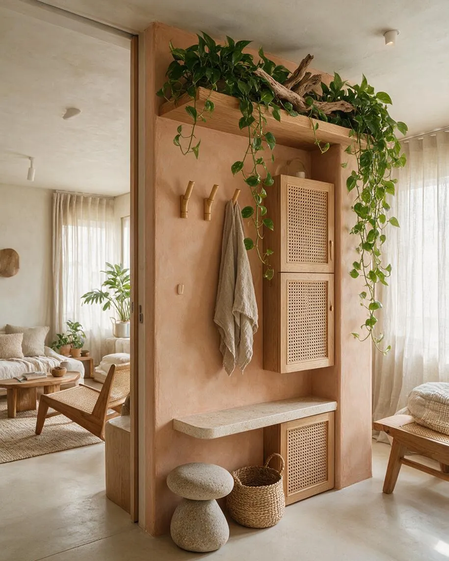 A cozy studio apartment corner with a peach-toned plaster wall, a built-in wooden storage cabinet, and a shelf overflowing with trailing green plants and driftwood. Natural textures like cane, woven baskets, linen curtains, and light wood furniture create a calm biophilic atmosphere.