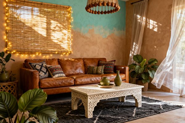 Sunlit bohemian living room with a cognac leather sofa layered with patterned kilim cushions, set against textured tan plaster walls with a turquoise paint wash. A carved white wooden coffee table rests on a charcoal tribal rug, framed by potted tropical plants, sheer white curtains drifting at an open window, a bamboo blind outlined with warm string lights, and a wooden beaded chandelier overhead.