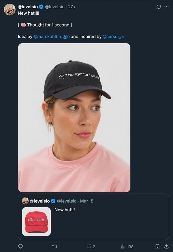 A woman models a black cap with the text 'Thought for 1 second' while wearing a pink shirt.