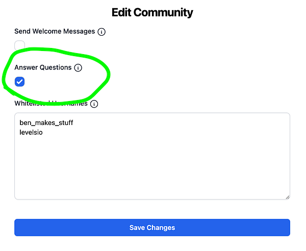 The image displays a user interface for editing community settings with a focus on question answering features.