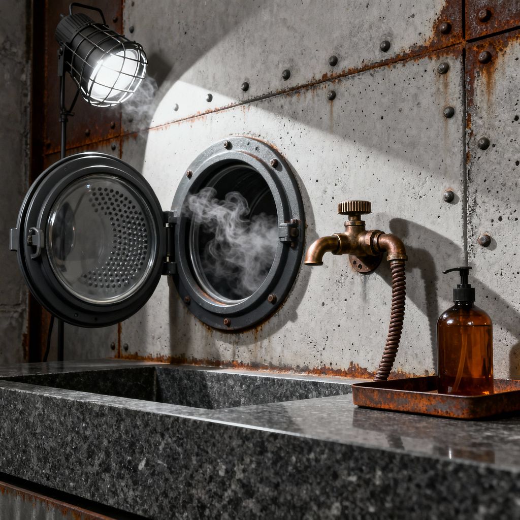 A close-up of an industrial laundry nook shows a round front-loading washer set into riveted concrete panels, the door open with steam escaping. Below is a deep, dark gray granite sink. To the right, a wall-mounted aged copper faucet with a flexible coiled hose sits above an amber soap dispenser on a rusted tray. A black caged task light at upper left casts a bright beam across the textured wall and countertop.
