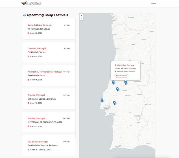 A webpage displaying upcoming soup festivals in Portugal with a map and event details.