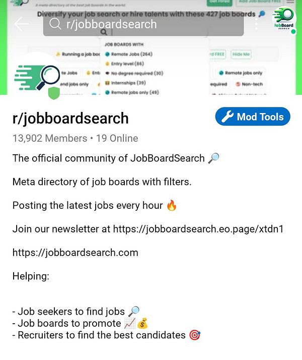 The image displays the subreddit page for r/jobboardsearch, highlighting its member count and purpose.