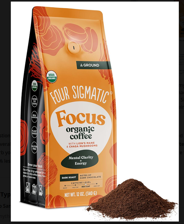 The image features a package of Four Sigmatic Focus Organic Coffee alongside ground coffee.