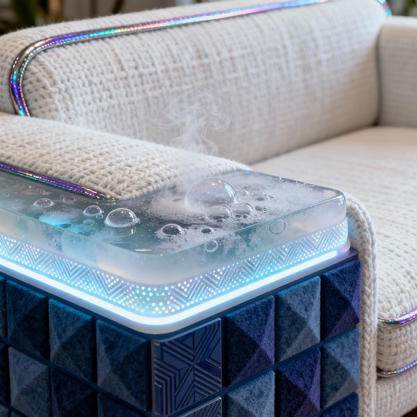 Close-up of a futuristic living room vignette: an ivory chunky-knit sofa with iridescent chrome piping sits beside a geometric blue side table. The table features a frosted acrylic top with rounded corners that glows with LEDs, displays bubble-like forms and a faint wisp of vapor, and rests on a base of 3D navy and indigo velvet tiles, creating a cool, cyan-lit scene with pronounced texture and sheen.