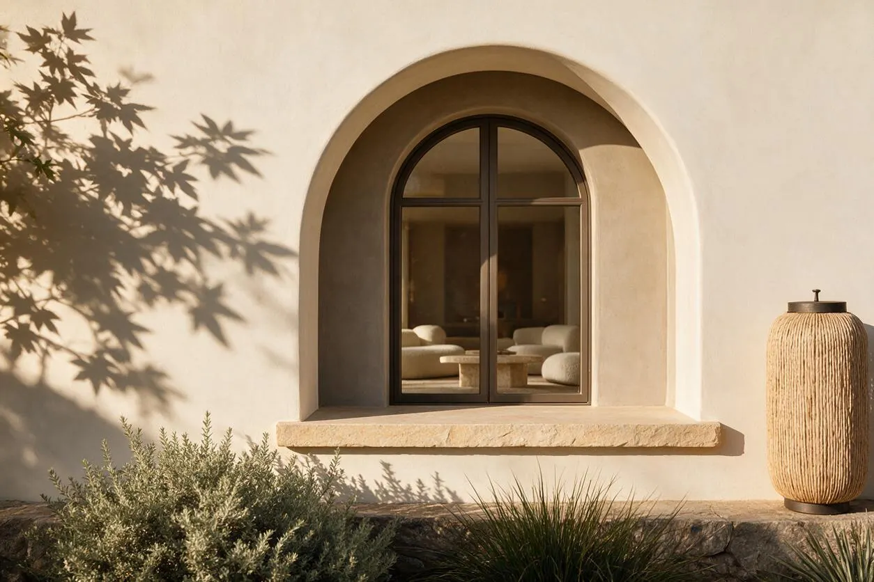 A warm organic modern exterior with a smooth cream stucco wall centered by an arched black-framed window. A textured stone sill, soft landscape plantings, and a tall woven outdoor vessel add natural texture and earthy contrast.