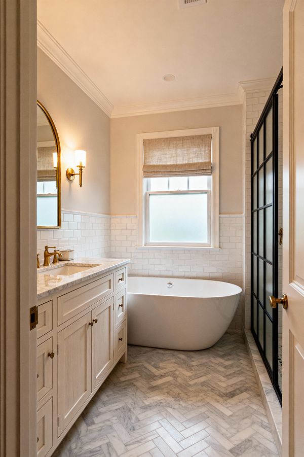 A transitional bathroom with a light cream Shaker-style vanity topped by a gray-veined marble counter, brass faucet, and an arched brass mirror illuminated by a wall sconce. White subway-tile wainscoting wraps the room around a freestanding oval tub under a frosted window with a linen Roman shade, while a black grid-framed glass shower and herringbone marble floor provide crisp contrast to the warm, softly lit space.