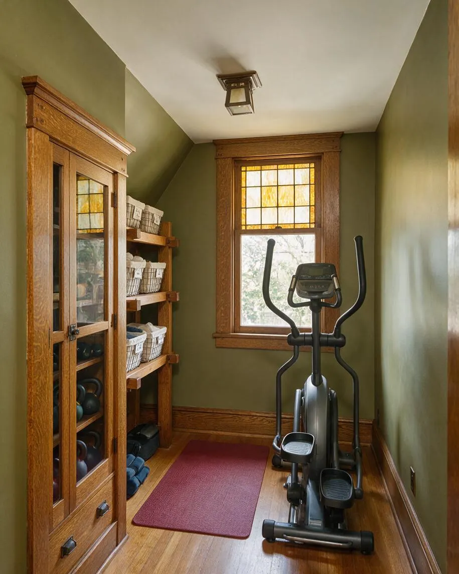 A narrow Craftsman-style home gym with olive green walls, oak trim, and a stained wood window and cabinet. An elliptical machine sits on a red rug beside open shelves with woven baskets and exercise accessories, lit by a small ceiling fixture and soft natural light.