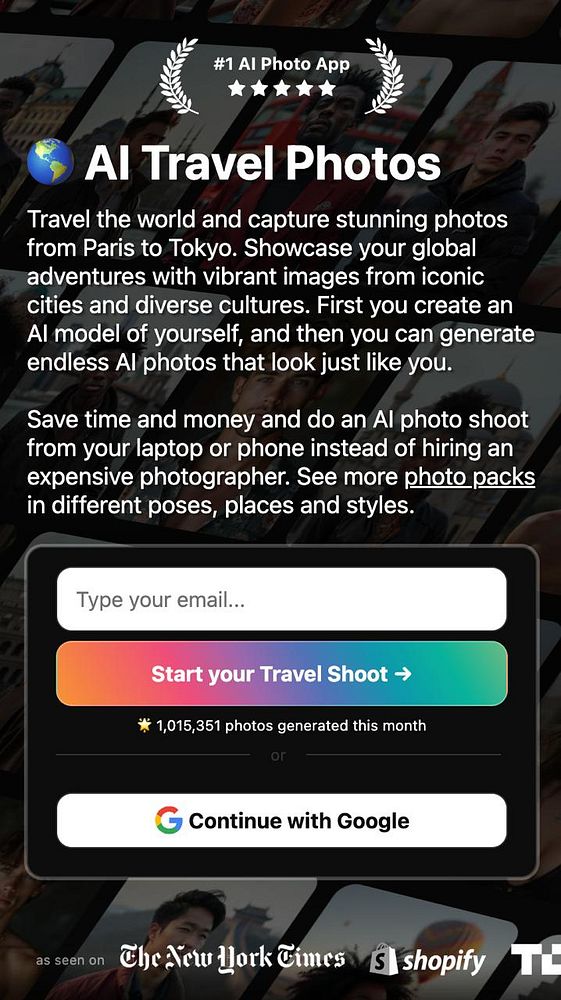 The image promotes an AI photo app for generating personalized travel photos.
