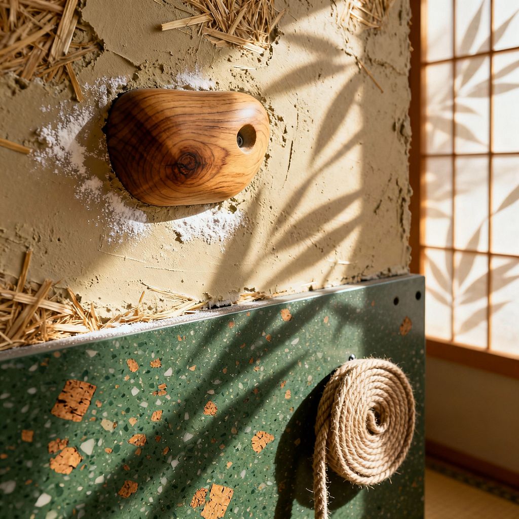 A close-up of a home gym wall features a sculpted wood climbing hold set into straw-flecked clay plaster with a dusting of chalk. Below, a deep green terrazzo panel with scattered cork chips holds a coiled natural-fiber rope. Sunlight filters through a wood-lattice shoji screen at right, projecting soft leaf shadows across the surface. The palette mixes beige clay, warm wood grain, and forest green for a calm, nature-forward feel.