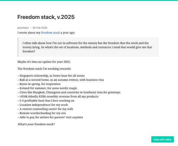 A personal update on a 'freedom stack' for the year 2025, detailing aspirations and goals.