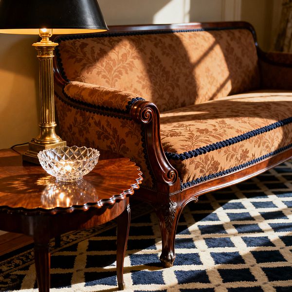 Close-up of a traditional living room shows a carved mahogany sofa upholstered in warm caramel damask with navy rope trim and scrolled arms. Beside it, a scalloped round mahogany side table holds a cut crystal bowl and a brass column lamp with a black shade, all set on a navy and ivory lattice-pattern rug, with afternoon sunlight casting soft shadows across the glossy wood and patterned fabric.