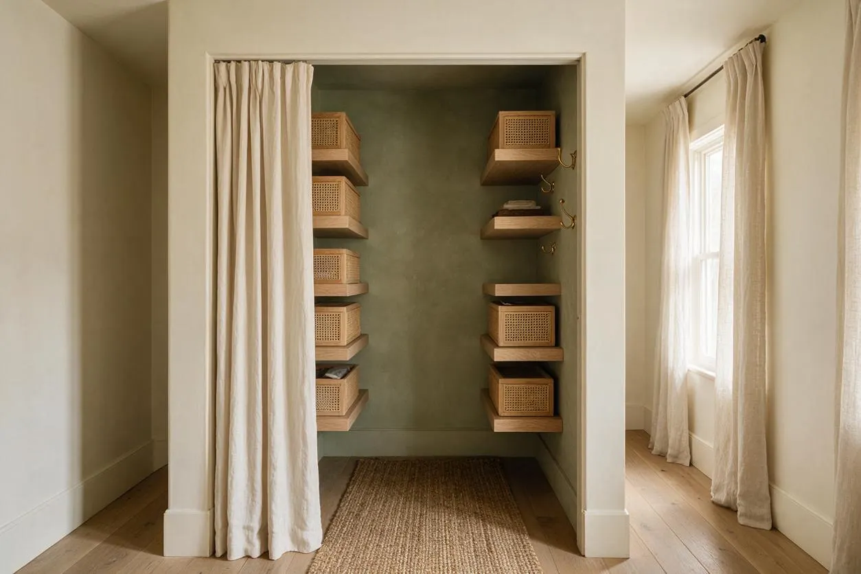 A serene organic modern closet alcove with open wooden shelves lined on both sides with woven storage boxes. A soft cream curtain partially hides the closet, while light wood flooring, a textured rug, and gauzy window drapes add warmth and natural texture.
