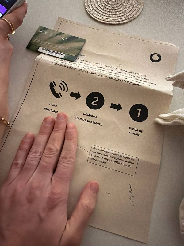A hand is resting on a Vodafone instruction sheet detailing how to activate a phone card, alongside a phone and a card.