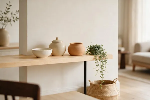 A Scandinavian-style vignette with a light wood console shelf against a pale wall, styled with three neutral ceramic vessels and a trailing green plant. A woven basket sits below, and soft daylight warms the calm, minimal interior.