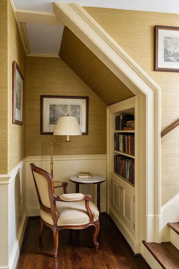 A cozy traditional basement nook with a carved wood armchair, a small round marble-topped table, and a brass floor lamp beside a built-in bookshelf filled with books. The space features warm beige textured wallpaper, cream trim, dark wood flooring, and framed artwork, tucked beneath a sloped ceiling near a staircase.