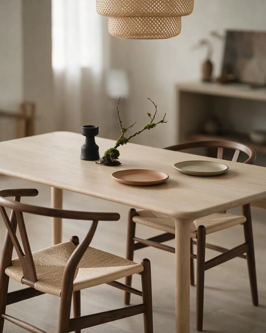A serene Japandi dining nook with a light oak table, woven-seat wooden chairs, and a sculptural rattan pendant light overhead. Simple ceramic dishes and a small branch arrangement sit on the table, while soft neutral walls and natural daylight create a calm, minimalist atmosphere.