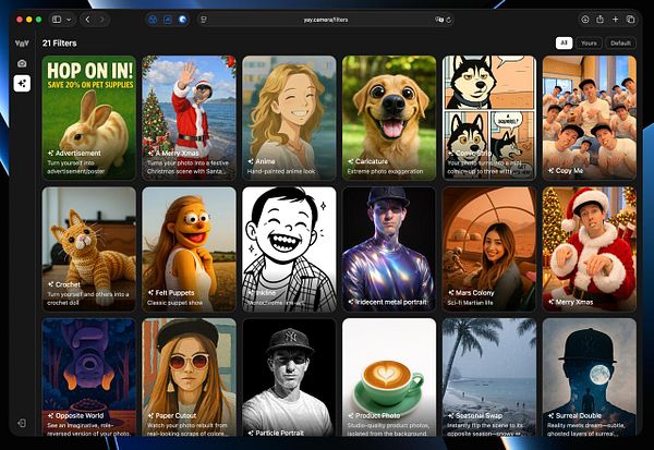 The image displays a grid of various photo filters available on the Yay platform.