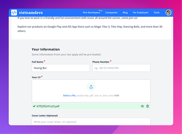 The image displays a user interface for an application form on the Vietnamdevs website.