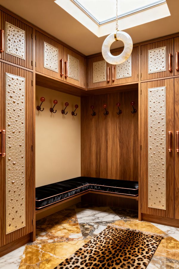 A vintage-glam mudroom with L-shaped walnut cabinetry features reeded fronts, ivory pebble-textured panels, and copper pulls, with a black velvet bench trimmed in copper piping wrapping the corner beneath rows of amber-topped coat hooks. A geometric floor in white and golden marble is layered with a leopard-print runner, while a circular alabaster pendant on a brass chain hangs beneath a skylight against warm beige walls.