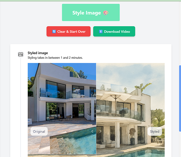 The image displays a side-by-side comparison of an original and a styled version of a modern house.