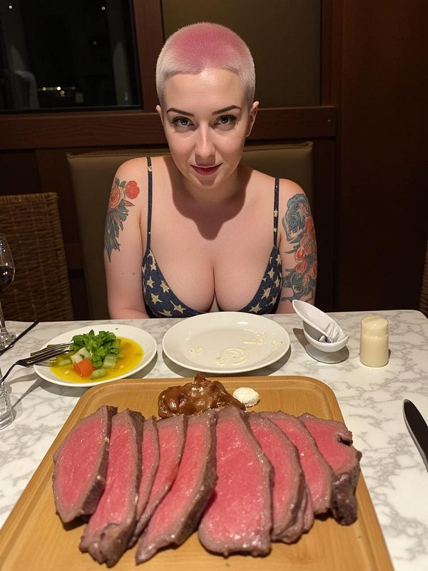 A woman with a short pink hairstyle sits at a dining table with a large platter of sliced meat in front of her.