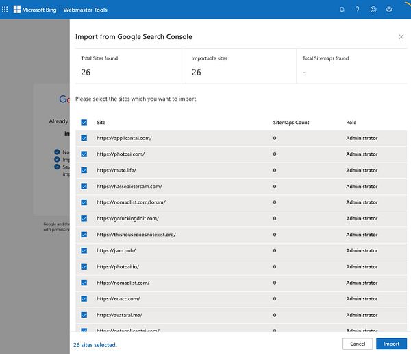 The image displays the Bing Webmaster Tools interface for importing sites from Google Search Console.
