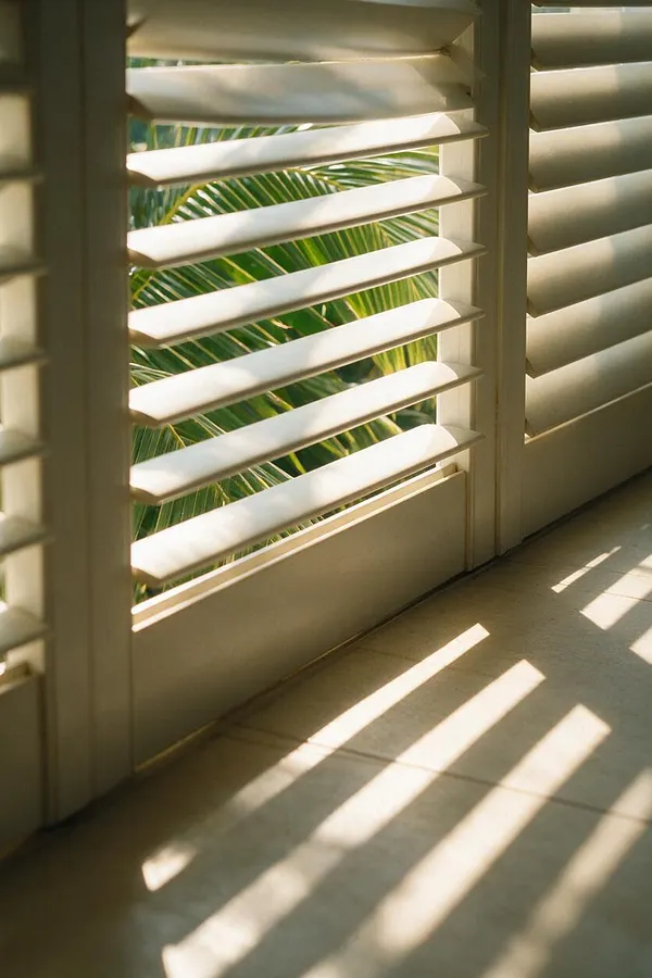 A close-up view of cream-colored plantation shutters with horizontal slats filtering bright sunlight into the room. Through the openings, green palm leaves are visible outside, while warm striped shadows fall across a pale floor.