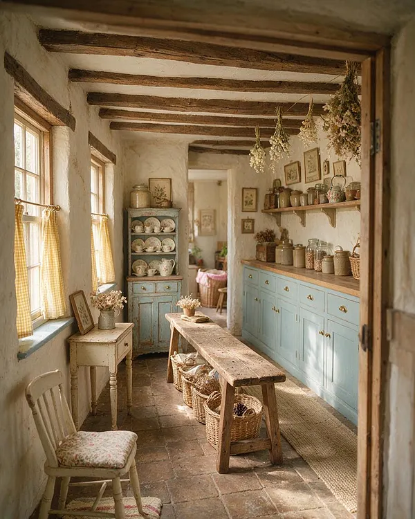 A narrow basement room styled in cottagecore decor, with exposed dark wood ceiling beams, plaster walls, and warm terracotta tile flooring. Light blue cabinets, open shelves, dried flowers, wicker baskets, and vintage ceramics create a cozy country kitchen feel.
