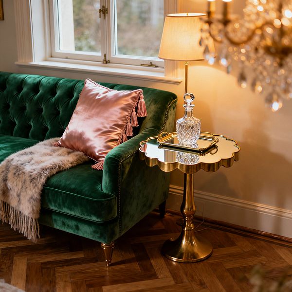 A living room corner with a tufted emerald velvet sofa accented by a blush satin tassel pillow and a soft faux-fur throw. Beside it, a scalloped brass pedestal side table with a mirrored top holds a crystal decanter on a tray, paired with a brass floor lamp with a linen shade; a crystal chandelier sparkles in the foreground, while cream walls, a white-trimmed window, and herringbone wood flooring complete the warm, vintage-glam setting.