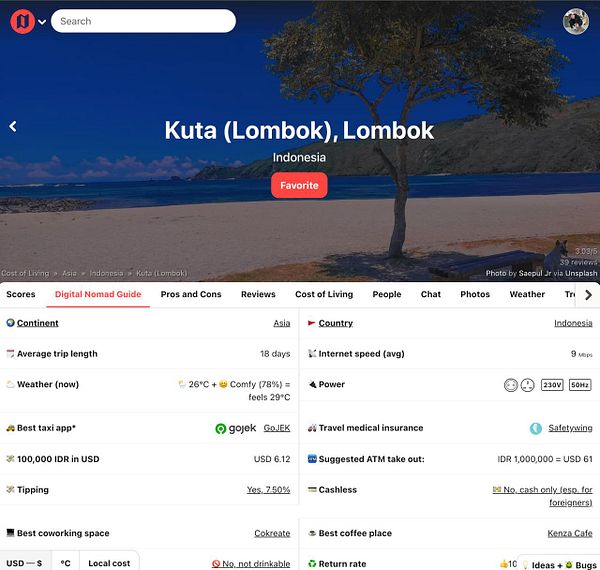 The image displays a digital nomad guide for Kuta, Lombok, Indonesia, featuring various travel-related information.