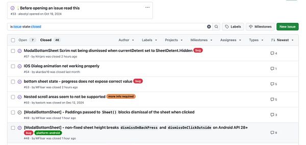 A screenshot of a GitHub issue tracker displaying closed issues related to a project.