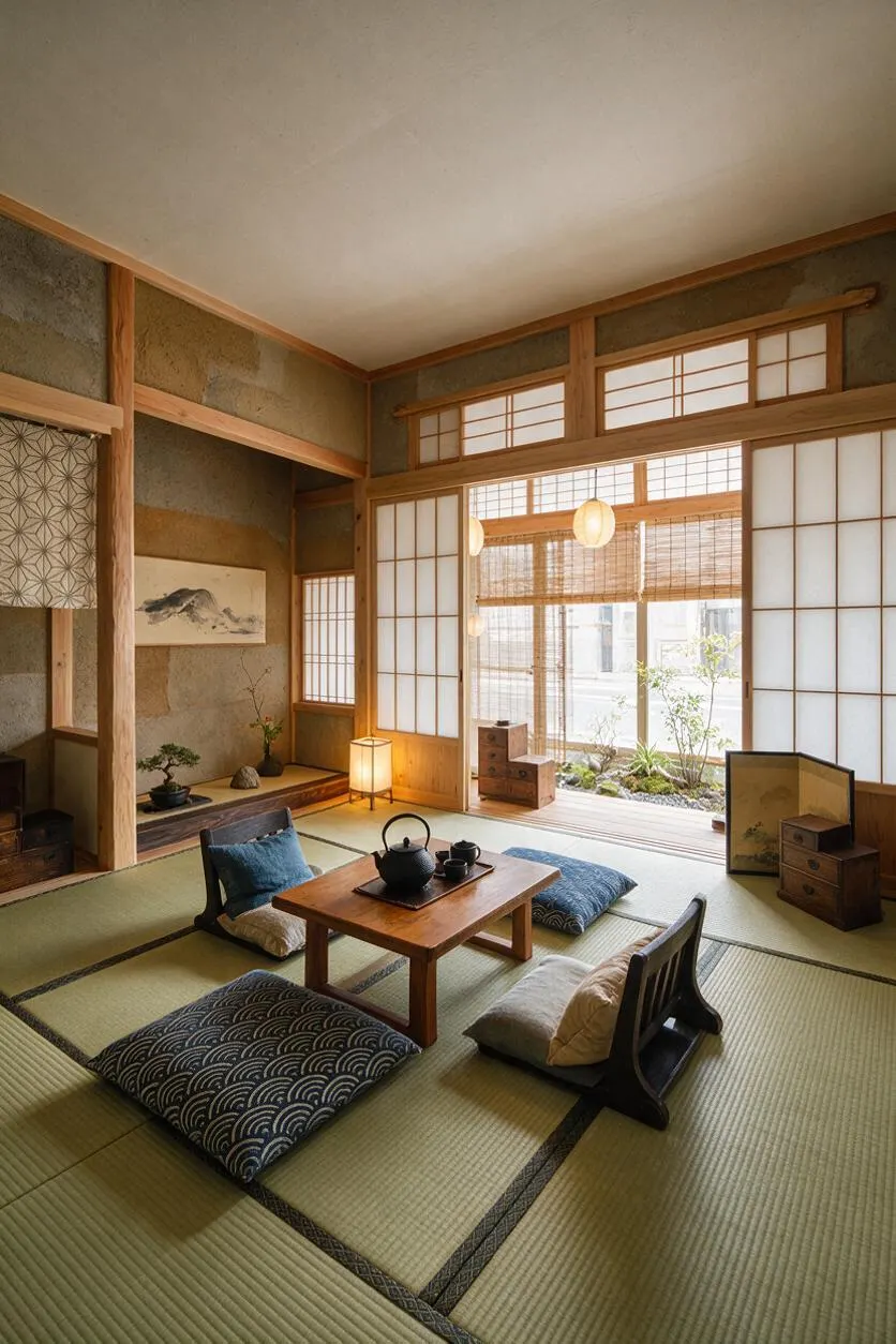 A Japanese Zen-inspired front porch or entry room with tatami mats, low wooden seating, and a small tea table centered on the floor. Shoji paper screens, woven bamboo shades, soft lantern lighting, and a small garden view create a calm, minimalist atmosphere.