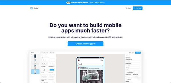 The image displays a landing page for a mobile app development tool called Paper.
