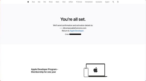 Confirmation screen for registering a new Apple Developer account.