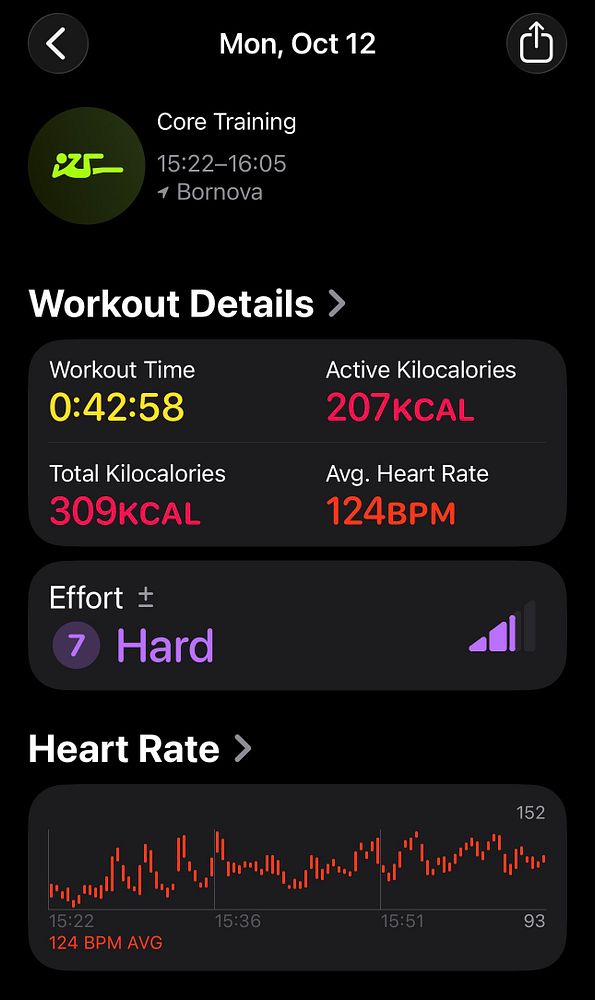 Screenshot of a workout summary on a fitness tracking app showing details of a core training session.