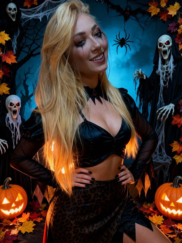 A woman dressed in a Halloween-themed outfit poses in a spooky setting with decorations.