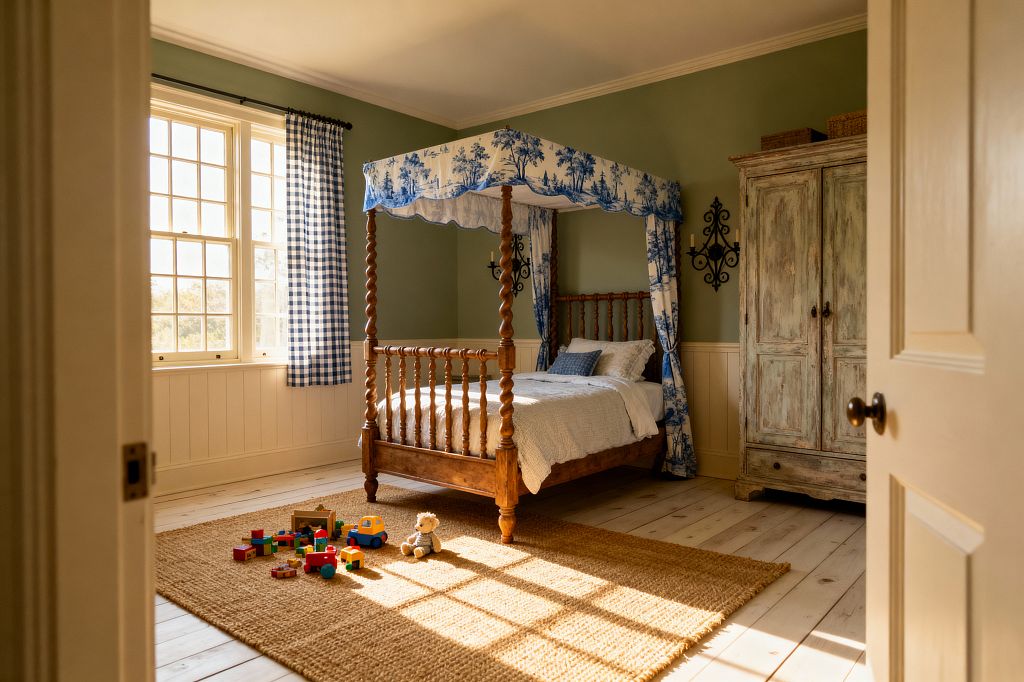 A children's bedroom with a honey-stained, turned-wood four-poster canopy bed dressed in blue-and-white toile fabric, topped with a scalloped valance, and layered with white bedding and blue pillows. Sage green walls above cream beadboard, a distressed armoire, and wrought-iron scroll sconces frame the space, while sunlight from a mullioned window with blue gingham curtains falls across a large jute rug on whitewashed pine floorboards scattered with colorful toys.