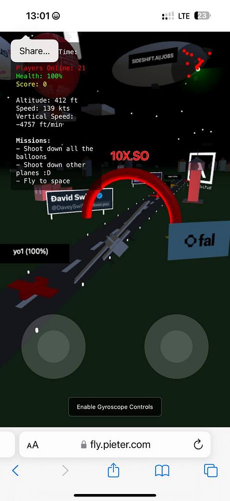 The image displays a mobile game interface showing flight statistics and missions.