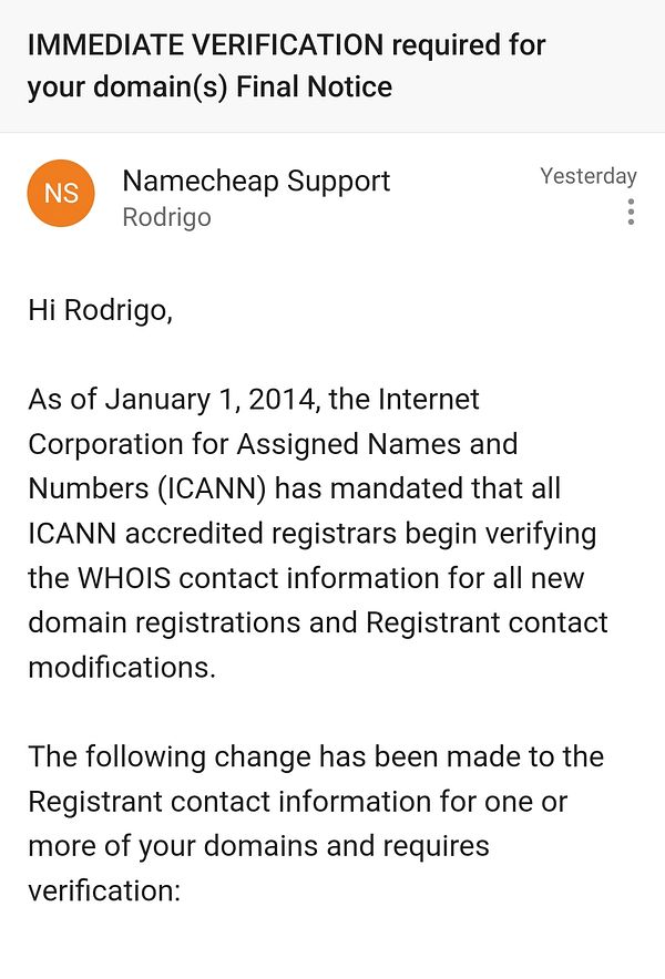An email notification from Namecheap Support regarding domain verification requirements.