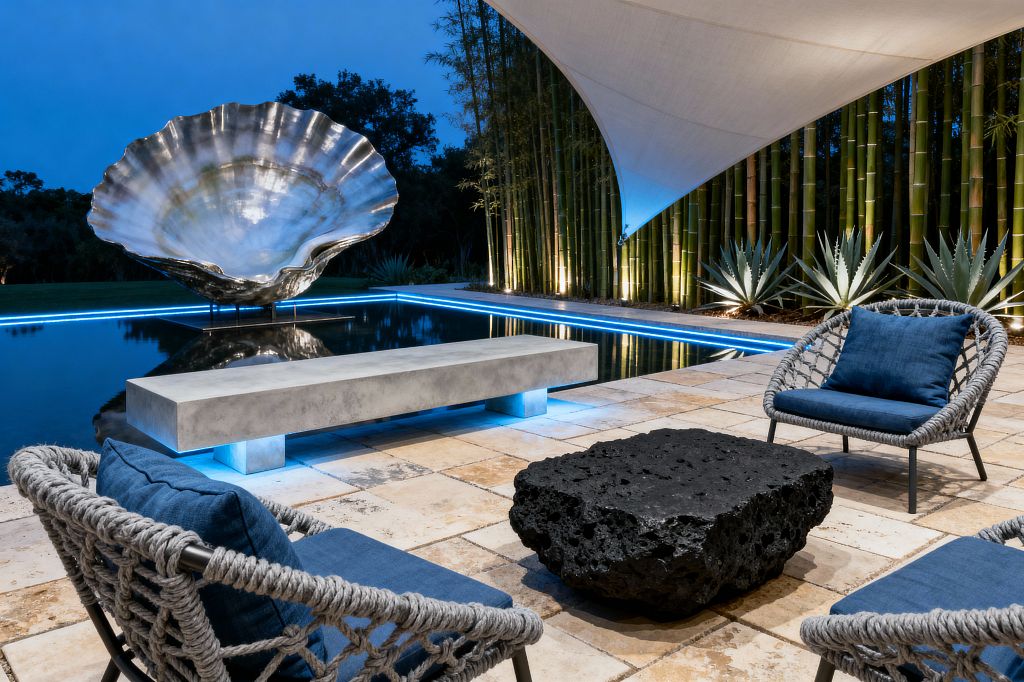 A contemporary patio at dusk showcases a mirror-still pool lined with blue LED lighting and a dramatic polished metal shell sculpture emerging from the water. Travertine pavers hold rope-woven lounge chairs with deep blue cushions, a heavy basalt coffee table, and a floating concrete bench illuminated from below. A tensile shade sail stretches overhead, while uplighting accents tall bamboo and agave plantings along the perimeter, creating a tranquil, sculptural outdoor lounge.