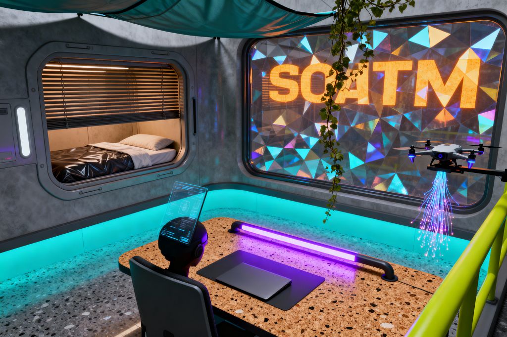 A futuristic kids’ room features a pod-style bed recessed into a concrete-look wall with horizontal blinds. A speckled terrazzo floor and cork composite desk glow with cyan LEDs and a purple tube light, while a seated child wears a headset projecting a translucent display. A large prismatic window panel shows bold lettering, a small drone with fiber-optic tails hovers nearby, and trailing greenery softens the matte gray, rounded-corner metal frames.