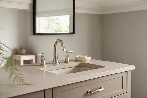 A transitional bathroom vanity with a light stone countertop, integrated sink, and brushed brass faucet and handles. The soft taupe cabinetry and pale gray walls create a calm, elegant space with a simple mirror and natural light.