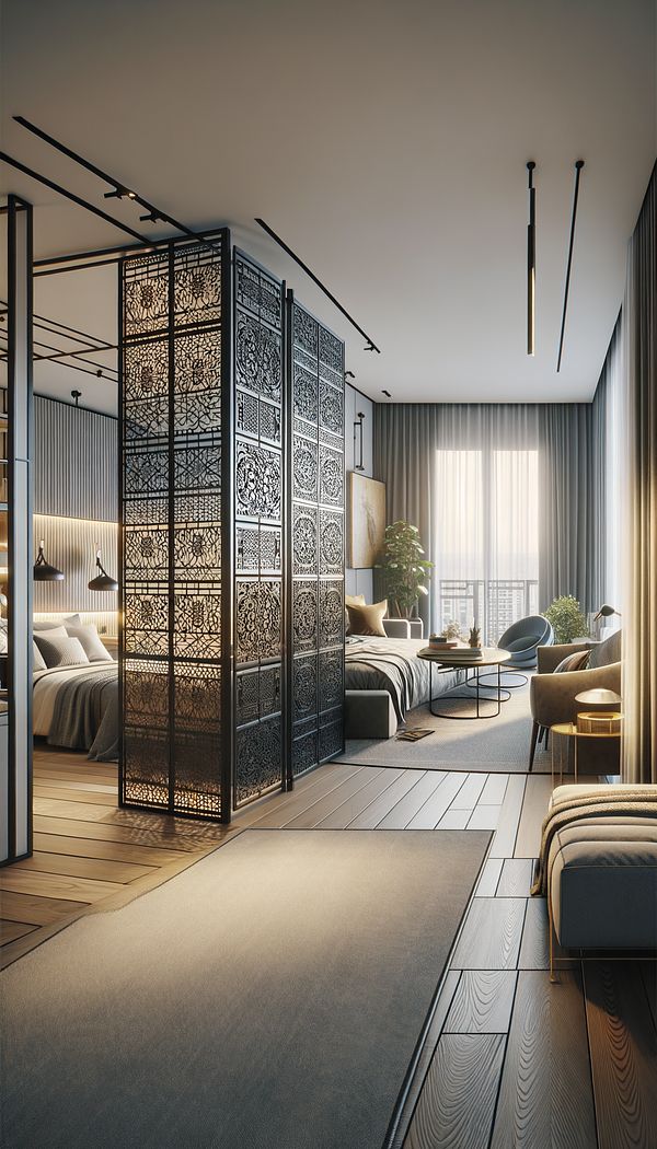 A stylish studio apartment with a folding screen room divider separating the bedroom area from the living space. The divider features an intricate pattern, complementing the overall design of the apartment.