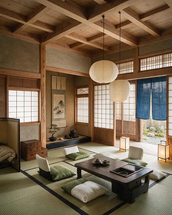 A Japanese Zen-style studio apartment with tatami mat flooring, low floor seating, and a dark wooden table centered on the floor. Shoji screens, exposed timber beams, paper lanterns, and blue noren curtains create a calm, traditional atmosphere with a small indoor alcove and garden view.