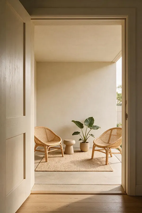 An organic modern front porch seen through an open doorway, featuring two woven rattan lounge chairs, a small sculptural side table, a potted plant, and a textured natural rug on a pale concrete floor. Warm neutral tones and soft daylight create a calm, inviting outdoor seating area.