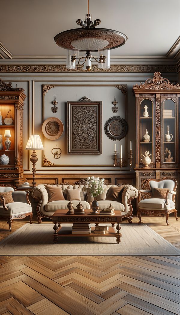 A cozy living room elegantly designed in Williamsburg Style, showcasing detailed wooden furniture with traditional carvings, vintage-looking decorative objects, and warm, muted tones.