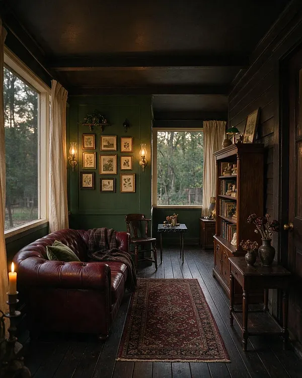 A narrow front porch styled like a cozy dark academia sitting room, with dark painted walls and ceiling, tall windows with cream curtains, a burgundy leather sofa, a red patterned runner, and antique-style wood furniture. Framed botanical art, brass wall sconces, books, and vases with dried flowers create a scholarly, intimate atmosphere.